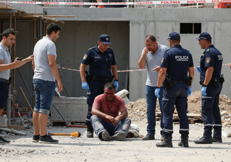 A tense scene on a construction site in Croatia, under bright summer daylight, around July 30, 2025. A 43-year-old male worker, a Serbian citizen, sits on the ground, his face visibly bruised and swollen from a serious assault. Near him, a 45-year-old male colleague stands, looking distressed with minor injuries. Several uniformed Croatian police officers, from the Biograd or Zadar region, are actively investigating the area, surveying the disrupted site which includes scattered construction tools, hardhats, and building materials. The overall mood is somber and serious, reflecting the aftermath of a violent incident.