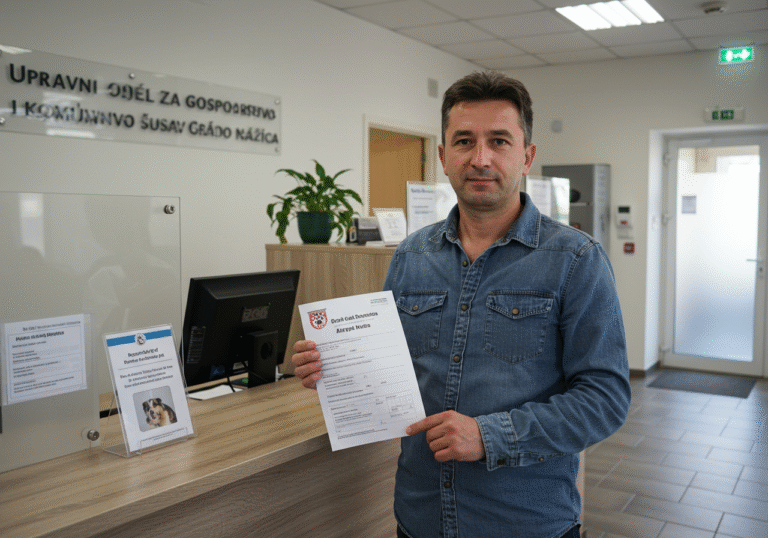 A Croatian citizen in Našice, a person in their 40s, stands at a service counter inside a brightly lit municipal office, specifically the Upravni odjel za gospodarstvo i komunalni sustav Grada Našica. They are holding an official application form and an original veterinary invoice, ready to submit them for the pet castration co-financing initiative. Natural light illuminates the modern public service area. The person's expression is calm and focused, engaged in the administrative task.
