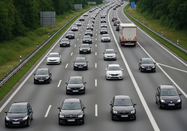 A multi-lane German autobahn in North Rhine-Westphalia on a clear summer day, captured with an editorial wide-angle lens. A steady, moderate flow of diverse vehicles, including typical German cars and commercial trucks, occupies all lanes. The asphalt is clear with standard German road markings. The scene conveys disciplined, unhurried traffic movement, reflecting average speeds rather than high-speed driving. Natural daylight illuminates the road and the surrounding green landscape.