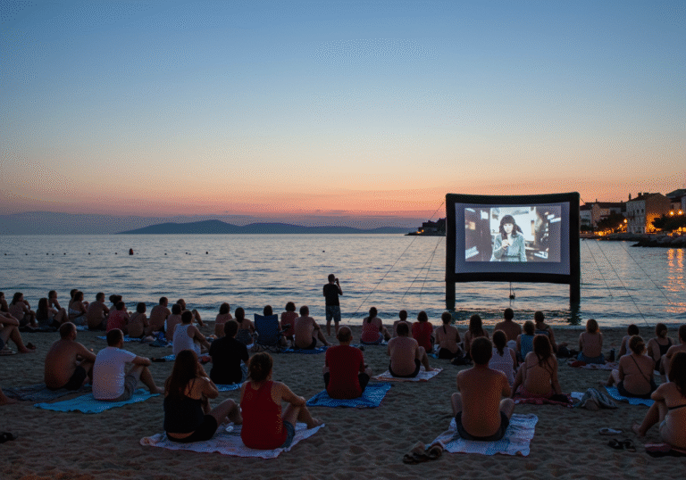 Evening scene at the city beach in Novigrad, Istria, Croatia, during the Novigrad Short Film Festival. A diverse audience is gathered, comfortably seated on the sand and some on towels, intently watching a large outdoor cinema screen set up at the water's edge. The screen projects a film, casting a soft, warm glow over the immediate area and reflecting subtly on the gentle lapping waves of the Adriatic Sea in the twilight. The atmosphere is relaxed and appreciative, with the natural light of the setting sun fading into dusk and the cinematic projection becoming the central focus.