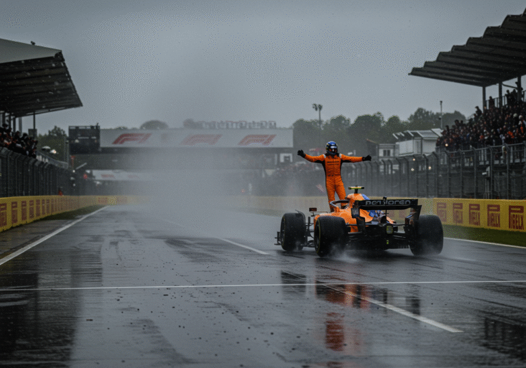 Oscar Piastri's orange and black McLaren Formula 1 car crosses the finish line on a heavily rain-soaked Spa-Francorchamps circuit in Belgium. Water spray erupts from the tires on the wet asphalt, under a dark, overcast sky indicative of the intense rain and poor visibility conditions. The late afternoon light, after a 16:20 local time rolling start, is diffused and grey. The grandstands and track infrastructure are visible in the background, characteristic of the iconic Belgian F1 track. A sense of hard-fought victory despite the challenging weather.