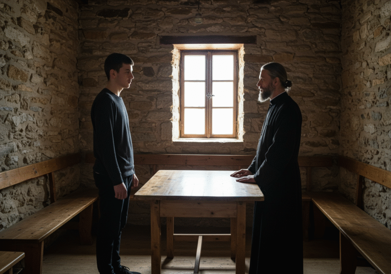 A young man, mid-20s, with a somber expression, stands in a sparsely furnished room with rough stone walls inside a remote Serbian Orthodox monastery commune. He wears plain, dark clothing. Facing him is an older man in his late 50s, dressed in a traditional black monastic habit, with a stern and authoritative gaze. Natural, diffused light filters in from a small, high window, casting long shadows across the simple wooden table between them. The air is still, conveying a sense of rigid discipline and quiet tension within the isolated environment.