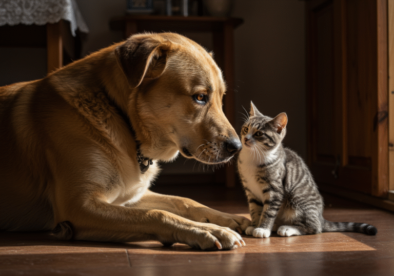 A heartwarming editorial photograph captures a large dog, Moose, with a tender expression, gently interacting with a smaller cat, Peach, inside a cozy, sunlit Croatian home. Moose is carefully positioned near Peach, perhaps nudging her with his snout or resting his head nearby, while Peach appears comfortable and at ease. The scene vividly portrays their unique, inseparable bond and affectionate companionship in natural light.