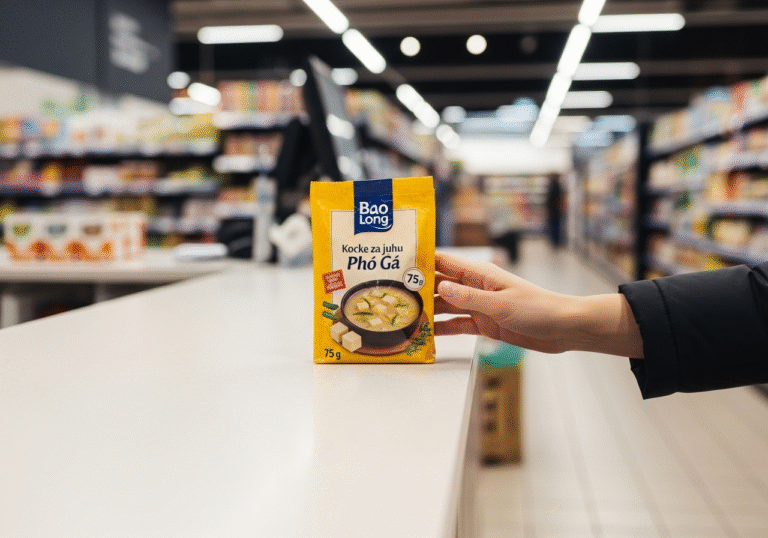 A 75-gram package of Bao Long 'Kocke za juhu Pho Ga' soup cubes rests on a light-colored customer service counter in a modern Croatian supermarket. A consumer's hand is gently pushing the product across the counter, indicating a return. The background is softly blurred, showing aisles with various food products and the clean, well-lit interior typical of a Croatian grocery store. The lighting is bright and even, casting subtle reflections. Professional editorial style photography, highlighting consumer action related to a product recall.