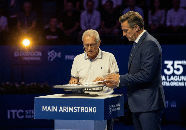 An editorial photograph depicting the main draw ceremony for the 35th Plava Laguna Croatia Open Umag, taking place on a Friday evening at the ITC Stella Maris tennis complex in Umag, Croatia. Gerry Armstrong, the tournament's main referee, is central, overseeing the selection of tennis pairs from a draw mechanism on a podium. The scene is lit by warm, focused event lighting, highlighting the formal proceedings and the professional atmosphere.