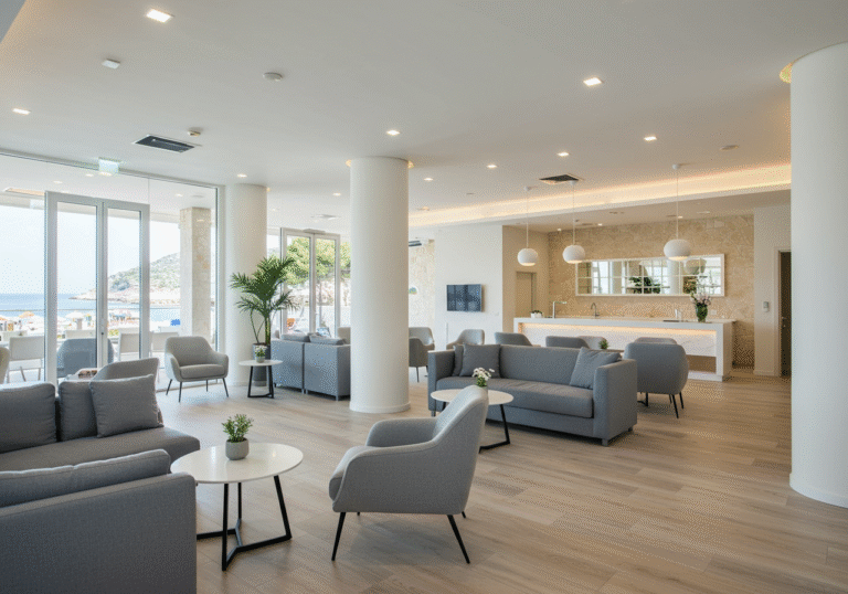 A bright, contemporary hotel lobby at the newly renovated Hotel Pelegrin in Umag, Croatia. The spacious interior features elegant modern furniture, sophisticated lighting, and premium finishes, reflecting its upgraded four-star luxury status. Natural light fills the inviting, upscale atmosphere.