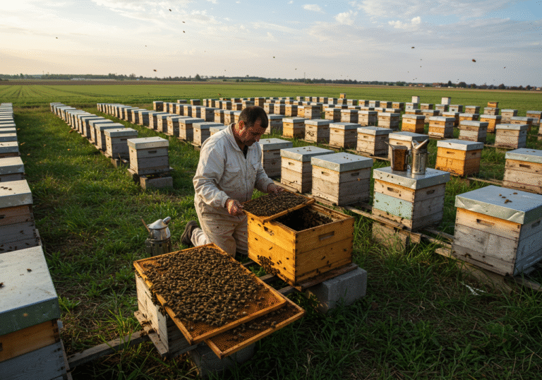 A distraught Croatian beekeeper, Zlatko Tomašić, wearing a light work suit, kneels among rows of wooden beehives in a vast agricultural field in Vukovar-Srijem County, Slavonia. He is carefully inspecting an open beehive, his face reflecting deep concern as he observes a large number of dead bees scattered on the trays and on the ground around the apiary. The late morning sun casts long shadows across the quiet scene, highlighting the ecological disaster. In the distance, green farmland stretches under a wide, partly cloudy sky.