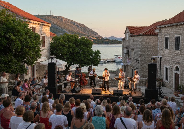 An outdoor jazz performance during the Ponta Lopud Jazz Festival on the Croatian island of Lopud. Musicians, a mix of international and local artists, play on a stage set against the backdrop of historic Lopud architecture and lush Mediterranean vegetation. The late afternoon sun casts warm light over the scene. A diverse audience, engaged and attentive, fills the area, reflecting the festival's growing global appeal. The calm Adriatic Sea is visible in the background, adding to the idyllic island atmosphere.