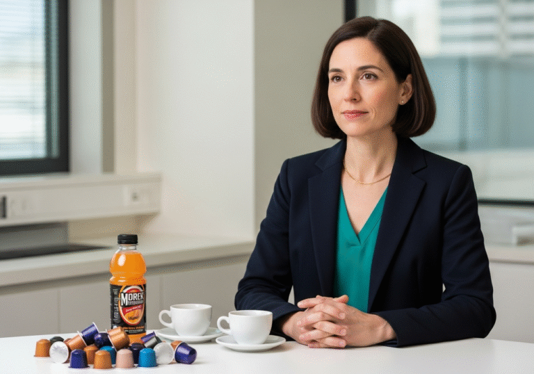 An American endocrinologist, Dr. Alessia Roehnelt, in professional attire, stands in a clean, well-lit medical or research setting with a serious, thoughtful expression. On a table in the foreground, various colorful plastic coffee capsules are displayed next to a plain white coffee cup, a teacup, and a translucent bottle of bright, artificially colored sports drink. The scene is illuminated by soft, natural light, captured in a realistic editorial style.