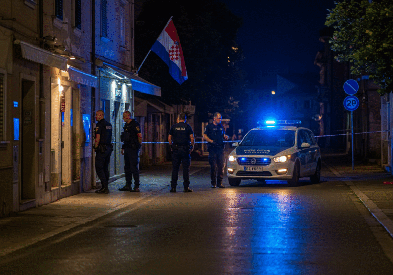 Nighttime scene on Obala Maršala Tita in Poreč, Croatia. Istrian Police officers in official uniform are present outside a dimly lit night club. A police patrol car with subtle blue lights is parked nearby, casting reflections on the ground. The area is quiet, conveying a sense of ongoing investigation. A Croatian flag is visible in the background, possibly on a nearby building or pole. The sky is dark and clear, characteristic of a summer night in July.