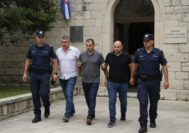 Ognjen Savić, Denis Vojniković, and Emanuel, three men in civilian clothing, are being escorted by uniformed Croatian police officers outside the County Court building in Pula, Croatia. The scene is set on a clear, bright late July day, with natural sunlight illuminating the stone architecture of the courthouse. The men appear serious as they are led by the officers, who are wearing their distinct dark blue Croatian police uniforms. The Croatian flag might be visible on the building. The image captures the tension of an ongoing legal proceeding.