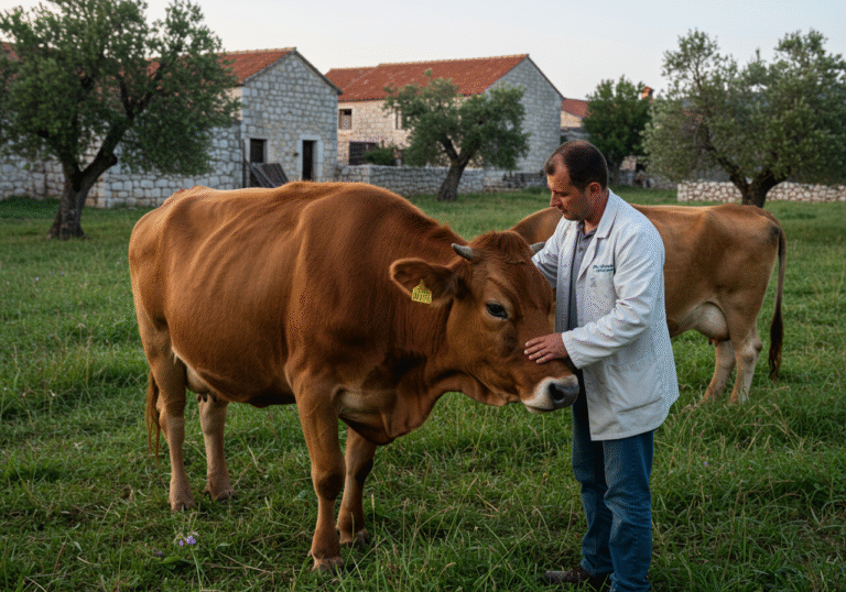 A Croatian veterinarian, wearing a light-colored professional work jacket, gently examines a large, healthy brown cow in a sun-drenched pasture. The scene is set on a traditional farm in the rural Hrvace municipality, Splitsko-dalmatinska županija, Croatia, with characteristic stone buildings and olive trees visible in the background under a clear, warm late July sky. The veterinarian's expression is focused and diligent, reflecting a period of careful agricultural monitoring. Bright afternoon light illuminates the scene.