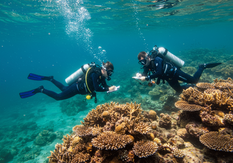An underwater scene off the coast of the Croatian island of Iž in the Adriatic Sea, bathed in natural sunlight. Two marine ecologists from the KPA Zadar Diving Club, wearing full diving gear, are meticulously documenting the health of a coral reef. One diver is using an underwater camera to capture detailed images of the coral, while the other is making notes on a waterproof slate, their expressions focused and dedicated. The clear, turquoise water allows for excellent visibility of the vibrant marine life and the fragile coral structures they are studying.