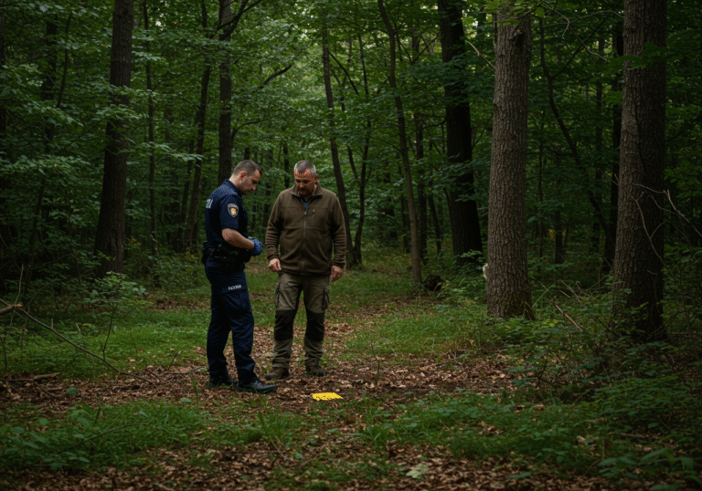 An editorial photograph captures a somber scene in a dense, green wooded area on the island of Krk, Croatia. A Croatian police officer in a dark blue uniform stands alongside a local hunter dressed in practical outdoor clothing. They are observing a specific, marked spot on the forest floor amidst undergrowth and fallen leaves. The ambient light is subdued, filtering through the thick canopy of trees, casting a quiet, reflective atmosphere on the scene of the recent discovery.