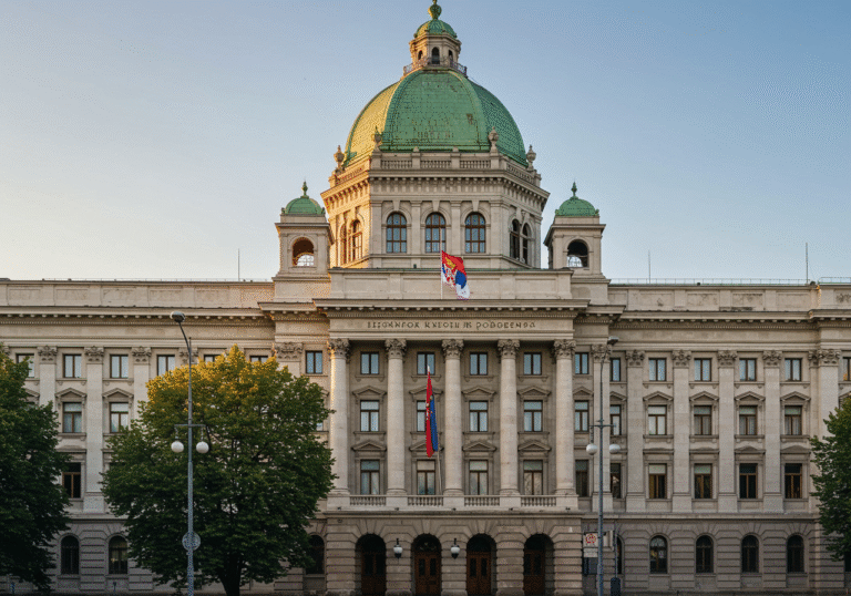 Serbian Ministry of Foreign Affairs building in Belgrade, Serbia, under a clear sky on a bright summer day. The stately government building facade, with the Serbian flag prominently displayed, bathed in late morning light.