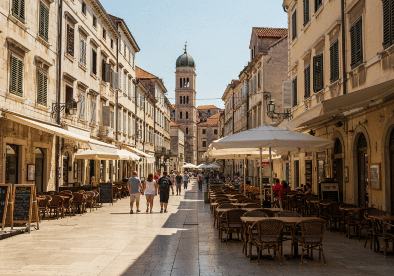 A sun-drenched street in a Croatian city during early August, featuring historical European architecture and outdoor cafes with fewer patrons than usual. The atmosphere is quiet, with a visible sense of restraint among the few pedestrians. Daylight is bright and clear. No large groups or demonstrations are present, reflecting the current public advisory for caution.