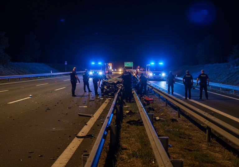 Late evening on the Zagreb section of the A3 highway, near the Jankomir interchange, on July 28, 2025. A severely mangled personal vehicle is crumpled against a damaged protective barrier on the eastbound lane. Several Croatian police officers in dark blue uniforms are meticulously examining the scene, their expressions serious and focused. Flashing blue lights from emergency vehicles cast a somber glow across the asphalt. The area is cordoned off, highlighting the aftermath of a serious traffic incident.