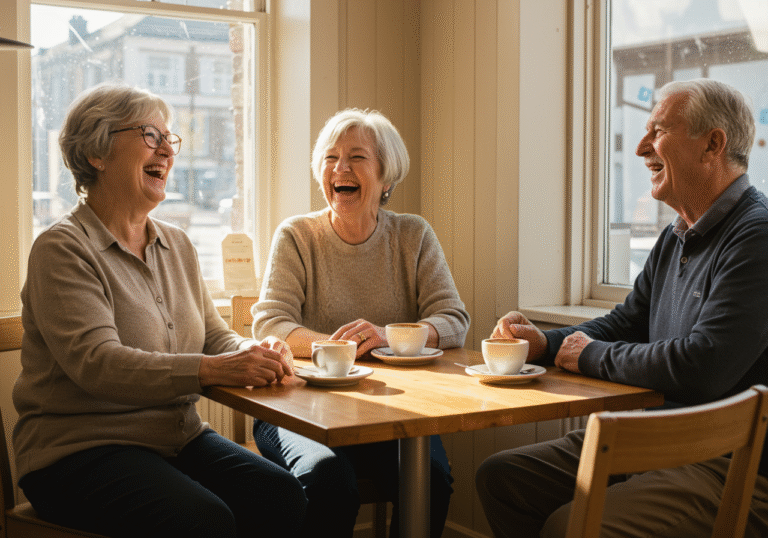 Three older adults, two women and one man, laughing and deeply engaged in conversation around a small, sunlit wooden table inside a cozy cafe. Sunlight streams through a nearby window, casting a warm glow. Empty coffee cups and saucers rest on the table. Their faces show genuine joy and active participation, reflecting cognitive vitality. They are dressed in comfortable, everyday clothing. The atmosphere is warm, inviting, and vibrant.