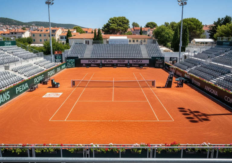 A high-angle, sun-drenched editorial view of the pristine main red clay court at the ATP Plava Laguna Croatia Open venue in Umag, Croatia, captured on the afternoon of July 19, 2025. The court is perfectly prepared for play, with the net taut and lines freshly painted, yet entirely empty. The surrounding spectator stands are clean and unoccupied, awaiting the crowds for the tournament's official start the following day. The backdrop features the characteristic Mediterranean architecture and lush greenery of the Croatian coastal town, conveying a scene of quiet readiness at a major sporting event.