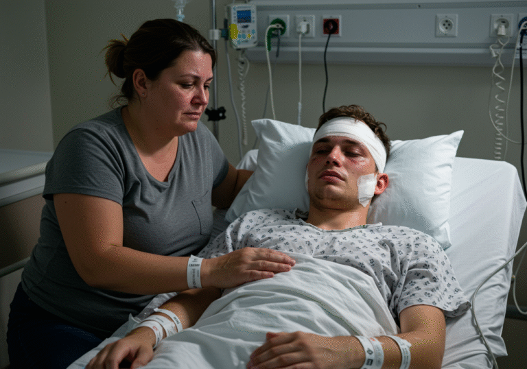 A 19-year-old Slovenian man, Teo, with bandages wrapped around his head and visible facial bruising, lies unconscious or deeply resting in a hospital bed in Poreč, Croatia. His mother sits beside him, her face etched with profound distress and despair, gently holding his hand. The hospital room is dimly lit, with sterile medical equipment subtly visible in the background, creating a somber and quiet atmosphere.