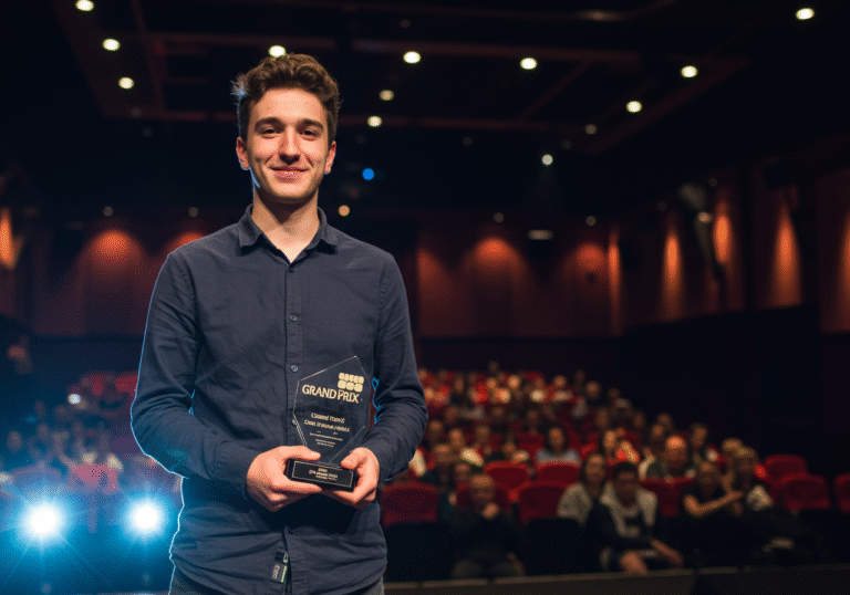 An 18-year-old Serbian film director, Lazar Jovanović, stands on a stage at Kino Edison in Karlovac, Croatia, holding a prestigious Grand Prix award trophy. He is smiling genuinely, looking towards the camera. Bright stage lights illuminate him against the backdrop of a modern cinema interior, with a subtly blurred audience in the foreground and background. Evening event atmosphere, professional editorial photography.