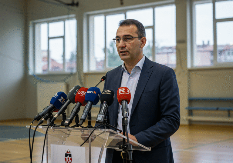 Tomislav Kabić, dressed in business attire, stands behind a podium speaking into an array of microphones at an extraordinary press conference inside Jazine Hall in Zadar, Croatia. The time is 12:05 PM, and bright midday light streams through windows, illuminating the room. Kabić has a serious, determined expression as he addresses the unseen media, his posture suggesting confidence after recent developments. The background subtly shows elements of a sports hall, such as the distant outline of a basketball court or club branding. The image is captured in a straightforward, realistic editorial style.