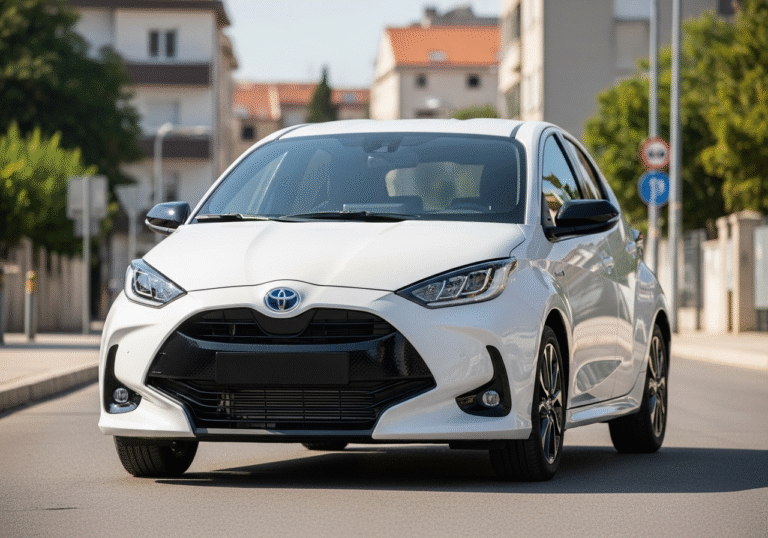 A newly debuted fourth-generation Toyota Yaris 1.5 Hybrid, viewed from a slightly low, front three-quarter angle, showcasing its wide, low stance and large, assertive grille. The car is parked on a clean asphalt road in a sunlit Croatian urban environment, with blurred background elements of typical Croatian architecture and greenery. The lighting is bright and natural, highlighting the car's sleek lines and modern design, suitable for an automotive editorial feature.