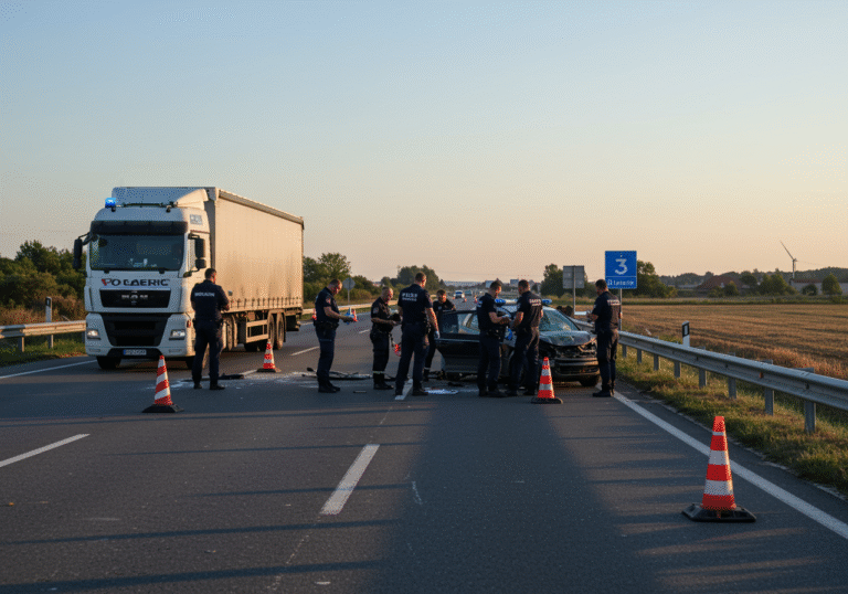 Late afternoon light illuminates a somber scene on a closed section of State Road D3 in Lužan Biškupečki, Varaždin County, Croatia. Croatian police officers and emergency personnel are present, conducting an investigation around the wreckage of a severely damaged personal car and a large truck with a trailer. Traffic cones and official police tape block the flat stretch of road, indicating a complete closure, with a few vehicles visible being rerouted in the distance. The sky is clear, casting long shadows across the scene.