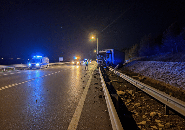 Nighttime on the Rijeka bypass in Croatia, near the Svilno viaduct, around 8:30 PM. A large cargo truck is severely damaged and resting against a twisted metal guardrail at the start of the viaduct. Debris from a concrete curb and stone embankment is scattered across the dark asphalt road. Flashing blue and red emergency lights from Croatian police vehicles illuminate the solemn accident scene, casting reflections on the pavement. The area is lit by these lights and distant streetlights, under a clear night sky.