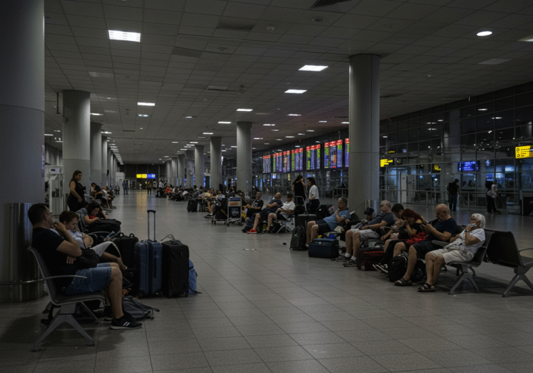 Late night at Dubrovnik Airport in Croatia, July 2025. Exhausted passengers are seen sleeping on the floor and benches within the modern airport terminal, surrounded by their luggage. Others sit staring at large digital departure boards, which indicate widespread flight delays and cancellations, reflecting the massive air traffic disruption. The muted, artificial lighting of the terminal casts long shadows, conveying a sense of limbo and frustration among the stranded international and local travelers.