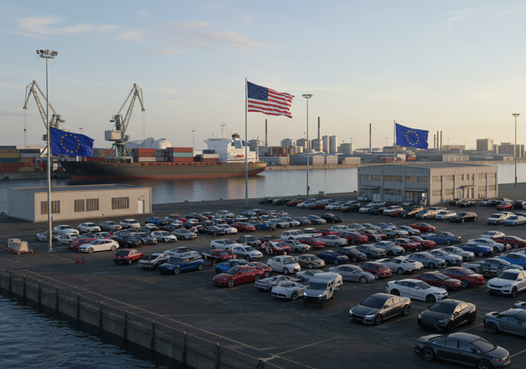 A wide, realistic shot of a vast, active port terminal specializing in automobile trade, late afternoon on a clear day. Rows of newly manufactured European cars, like sedans and SUVs, are neatly lined up on the dock, awaiting loading onto a large car carrier ship flying the flag of the United States. Simultaneously, American-made vehicles are being unloaded from another vessel onto a different section of the same busy terminal. Cranes and specialized port vehicles are in operation, moving cars and containers. The distant skyline features modern industrial buildings. The flags of the United States and the European Union are prominently displayed on a building or flagpole near the customs area, symbolizing the recent trade agreement affecting vehicle tariffs between the two blocs.