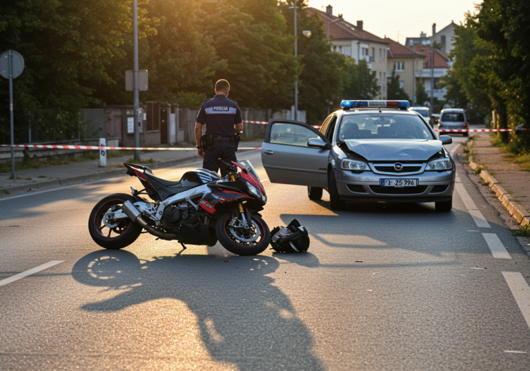 A Croatian police officer in a blue uniform investigates the scene of a fatal traffic accident on Svetošimunska cesta in Zagreb, Croatia, late afternoon on Tuesday, July 29th. A heavily damaged Aprilia motorcycle lies on its side on the asphalt, with its front wheel twisted. Nearby, a silver Opel car shows significant impact damage to its front bumper and hood. The setting sun casts long shadows across the dry road, illuminating clear, faded white road markings. The surrounding area features typical suburban Zagreb architecture with residential buildings and green trees.