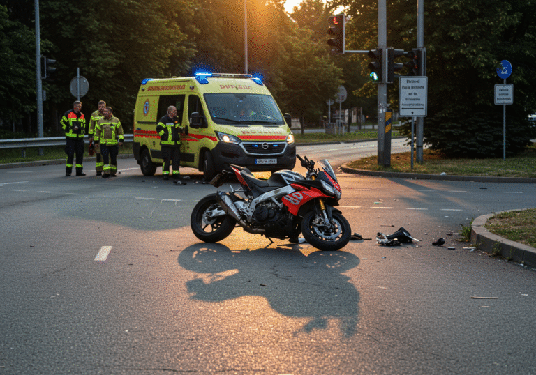 A somber late afternoon scene at the intersection of Svetošimunska cesta and Ulica Tvrtka Miloša in Zagreb, Croatia. A damaged Aprilia motorcycle lies on its side on the asphalt, with its front part crumpled against the front of an Opel car. Emergency medical services personnel are active near an ambulance. Debris from the collision is scattered on the roadway. The setting sun of a summer evening casts long shadows across the intersection, highlighting the visible damage and the serious nature of the event.