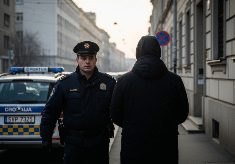 Early morning light casts long shadows on a solemn scene in Zagreb, Croatia. A uniformed Croatian police officer, with a serious expression, escorts an individual, whose face is not visible, towards a nondescript official building or police station. A marked Croatian police vehicle, devoid of flashing lights, is partially visible in the background. The urban environment suggests a quiet, professional legal proceeding is underway, reflecting the gravity of a recent incident.