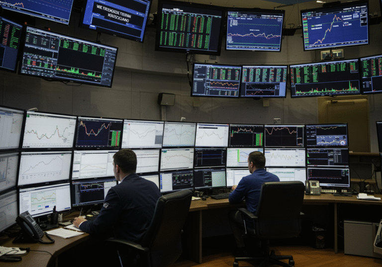 A professional stock trader or analyst observes multiple computer screens displaying generic stock market charts and real-time data within the modern, well-lit trading room of the Zagreb Stock Exchange in Zagreb, Croatia. The atmosphere is quiet and focused, reflecting a day of slight gains in the main indices amidst decreased overall market turnover. Natural daylight filters into the financial setting in the Croatian capital.