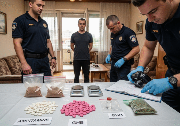 Croatian police officers in dark blue uniforms conduct a search inside a lived-in residential apartment in Prečko, Zagreb, during the daytime. On a table or countertop, evidence is laid out: clear plastic bags containing a brownish powder identified as amphetamine, a significant pile of small round MDMA pills, a small vial with a clear liquid (GHB), and a small bag containing green cannabis. Next to the drugs are two small digital scales, clearly showing residue. A 35-year-old man, the suspect, stands calmly, observed by one of the officers. Another officer, wearing blue forensic gloves, meticulously documents the seized items with a camera and notebook. The apartment is modest, with typical older Croatian furniture, and natural light filters in from a window revealing a glimpse of Zagreb's urban surroundings outside.