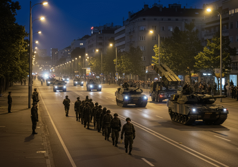 Evening general rehearsal for Croatia's largest military parade on Ulica grada Vukovara in Zagreb, July 29, 2025, 21:00. Croatian Armed Forces personnel in military uniforms stand in formation and operate various military vehicles, including Leopard tanks and HIMARS rocket systems, moving along the wide, illuminated city street. Other combat and non-combat vehicles are visible on the closed road. City lights and streetlights cast long shadows. In the background, modern Zagreb architecture lines the street, with Croatian flags subtly present. The atmosphere is focused and professional, showcasing the military's readiness.
