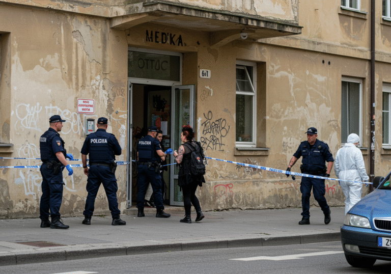 A bright, clear afternoon scene on Pierottijeva street in central Zagreb. Croatian police officers in official dark blue uniforms are actively working outside the Autonomni kulturni centar Medika. Yellow crime scene tape marks the perimeter around the entrance to the building, a well-known hub for alternative culture. A 36-year-old woman with an alternative appearance, consistent with a punk band frontwoman and activist, is being escorted by a uniformed officer towards a police vehicle, her expression somber. Other officers are visible securing the area, and forensic personnel can be seen in the background near the building's entrance, implying an ongoing investigation. The unique, lived-in architecture of Medika and the surrounding Zagreb street are visible under the clear afternoon sky.