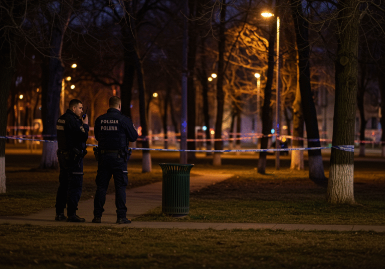 Late evening, a quiet urban park scene on Stonska Street in Novi Zagreb, near Bundek. A section of the park is cordoned off with yellow police tape, dimly lit by distant streetlights casting a soft, cool glow. Two uniformed Croatian police officers are visible; one intently speaks into a handheld radio, while the other surveys the area with a somber, focused expression, reflecting the gravity of an ongoing investigation.