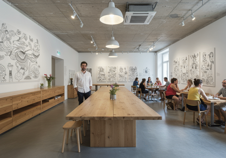 A bright, editorial photograph capturing the interior of 'Workshop' in Zagreb, Croatia, on its opening day, July 4, 2025. Architects and founders Marta Kolar Senjanović and Luka Cindrić are standing near one of the prominent large wooden tables, designed by Jakov Habjan, in the foreground. In the background, Klasja Habjan's unique illustrations are prominently displayed on the walls as part of the inaugural art exhibition. Afternoon light fills the modern, inviting space, illuminating various individuals seated at tables, some engaged in quiet conversation, others enjoying coffee or looking at the art, reflecting the venue's blend of creative hub and relaxed coffee shop near Ribnjak Park.