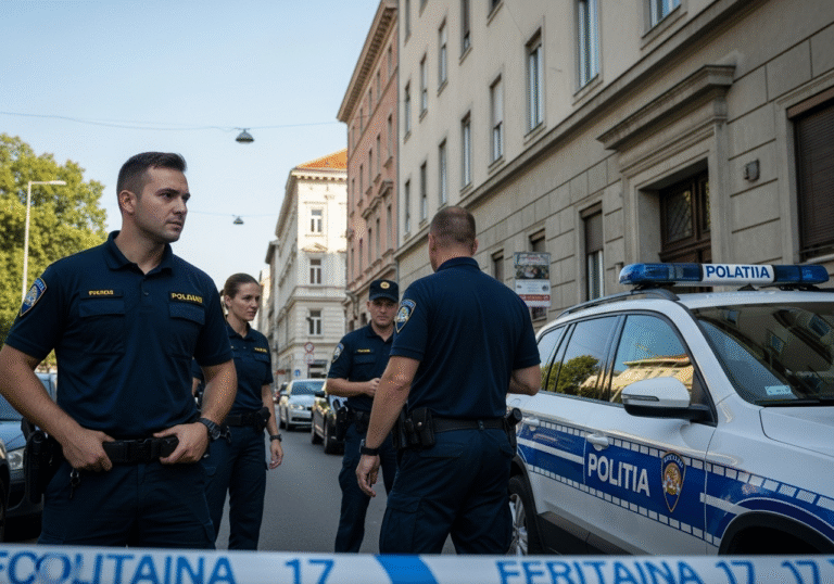 Croatian police officers in dark blue uniforms with official insignia are gathered outside a multi-story building on a quiet street in Zagreb, Croatia, during the morning hours of July 17. A marked Croatian police vehicle is parked nearby. The officers have serious, focused expressions, engaged in an ongoing criminal investigation. The scene is bathed in clear morning light, creating a somber yet professional atmosphere.