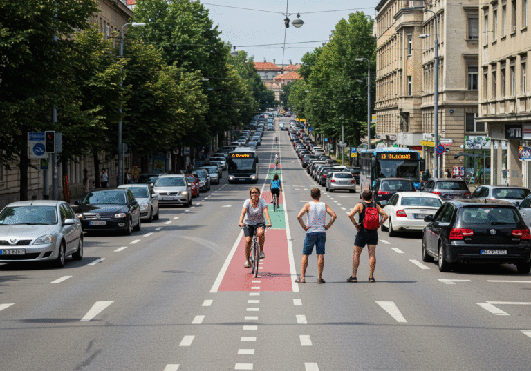 Midday on July 28, 2025, at the busy intersection of Ulica grada Mainza and Slovenska ulica in Zagreb, Croatia. HSLS members Darko Klasić and Ivka Odvorčić stand on the street, drawing attention to a controversial new bicycle path that runs longitudinally through the center of the intersection. The urban scene depicts significant vehicle congestion, with cars and buses visibly stopped and backed up on the main thoroughfare, while a few cyclists use the central path. The bright summer light illuminates the city street, highlighting the gridlocked traffic and the contentious urban planning.