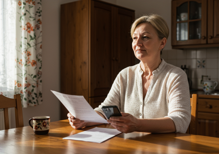 A middle-aged Croatian woman sits at a wooden kitchen table in her modest, sunlit apartment in Croatia. She holds a document or a smartphone in her hands, a subtle expression of relief or thoughtful calm on her face, suggesting a financial or administrative burden has been eased. A traditional Croatian coffee cup rests beside her. Natural light streams in through a window, illuminating the simple, clean interior, which reflects a typical Croatian home setting. The overall mood conveys a sense of hope and reduced stress for a patient or caregiver.