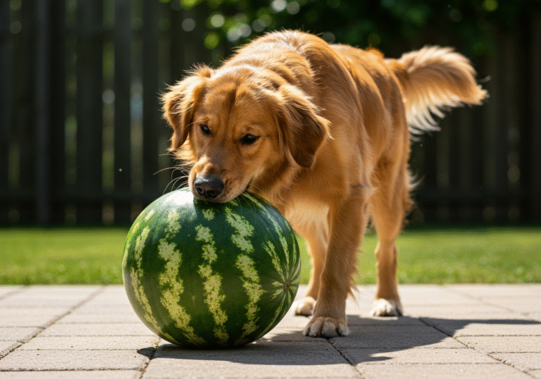 Viralna senzacija: Zlatni retriver Goose oduševio internet svojom reakcijom na lubenicu A golden retriever named Goose is captured mid-action on a bright, sunny day outdoors, enthusiastically jumping around a large, whole green watermelon. Goose's golden fur is illuminated by natural light as the dog gently but firmly rubs its head against the watermelon, displaying an expression of pure joy and excitement. The scene conveys playful energy and happiness.