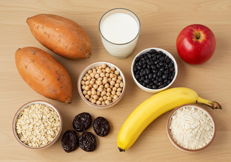 A clean, well-lit overhead shot of various healthy carbohydrate foods arranged on a light wooden kitchen counter. The composition features a vibrant orange sweet potato, a glass of fresh white milk, a small bowl of dark black beans, a small bowl of light brown chickpeas, a bowl of dry rolled oats, a few dark dried plums, a yellow banana, a red apple, and a small mound of pale spelt flour. The natural light highlights the textures and freshness of the food items, creating an inviting and wholesome appearance for an editorial feature on nutrition.