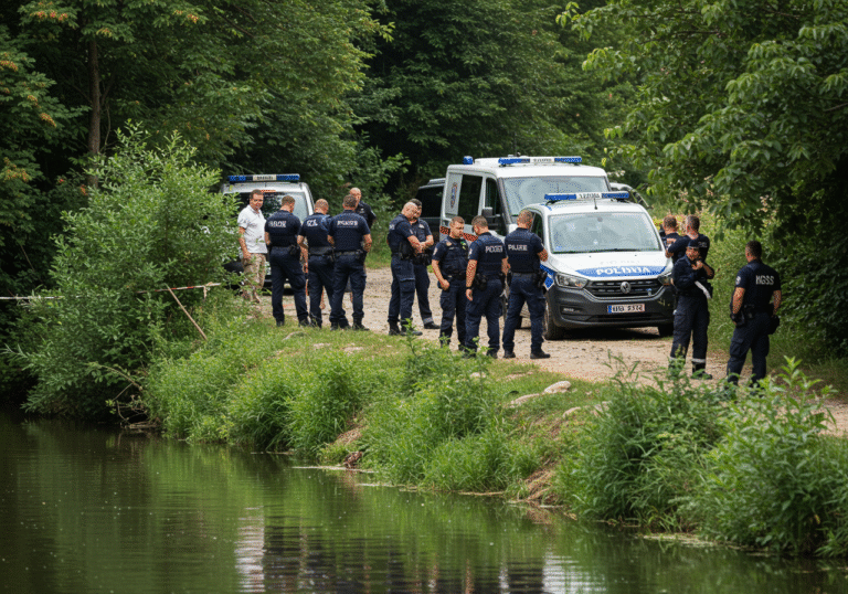 A somber scene on a warm August midday along the overgrown banks of the Pakra River in Piljenice, within Lipovljani municipality, Sisak-Moslavina County, Croatia. Uniformed Croatian police officers from the Sisak-Moslavina Police Department and members of the Croatian Mountain Rescue Service (HGSS) are gathered near the water's edge, their expressions grim and focused. Several plainclothes criminal police investigators from Sisak are observing the area intently. Emergency vehicles, including marked Croatian police cars and HGSS vans, are parked on a narrow dirt path nearby, partially hidden by dense riverside vegetation under a bright summer sky.