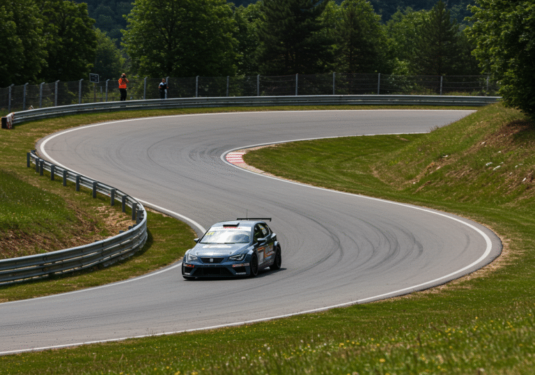 A high-performance Seat Leon race car speeds around a winding section of the 'Krajiška Zmija' mountain track, part of the 'Sedra – Ostrožac' route near Cazin, Bosnia and Herzegovina. The asphalt road shows a noticeable incline, cutting through the green, tree-lined Bosnian countryside under a bright, clear August sky. The car is captured in motion, conveying speed as it navigates the 25th Grand Prix of Cazin. Race officials are visible in the background, observing the competition from the trackside.