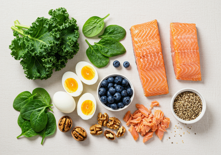 An editorial still life photo of a balanced selection of brain-healthy foods, arranged neatly on a light, neutral surface. The composition features fresh green kale and spinach leaves, several hard-boiled eggs, a small bowl filled with ripe blueberries, a scattering of whole walnuts, and a perfectly cooked salmon fillet, flaked. Soft, even natural daylight illuminates the scene, highlighting the textures and vibrant colors of the ingredients. The overall impression is clean, inviting, and representative of expert dietary recommendations for cognitive well-being.