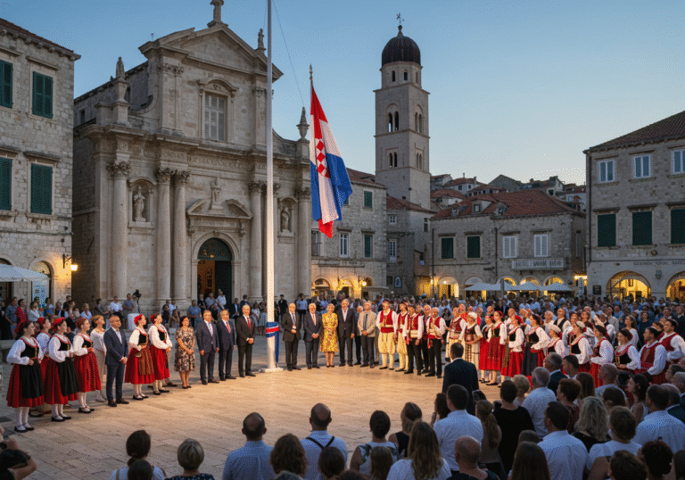 The grand opening ceremony of the 76th Dubrovnik Summer Festival on the evening of July 10, 2025, in Dubrovnik, Croatia. A wide shot captures the scene in front of the historic St. Blaise's Church, beautifully illuminated. The distinctive Libertas flag is being ceremonially raised on a flagpole. A large, diverse crowd of formally dressed attendees, dignitaries including Mayor Mato Franković, and performers in traditional Croatian folk costumes are gathered, looking towards the flag. The ancient stone buildings of Dubrovnik's Old Town provide a majestic backdrop under a clear twilight sky. The atmosphere is solemn and festive, captured with crisp, natural lighting.