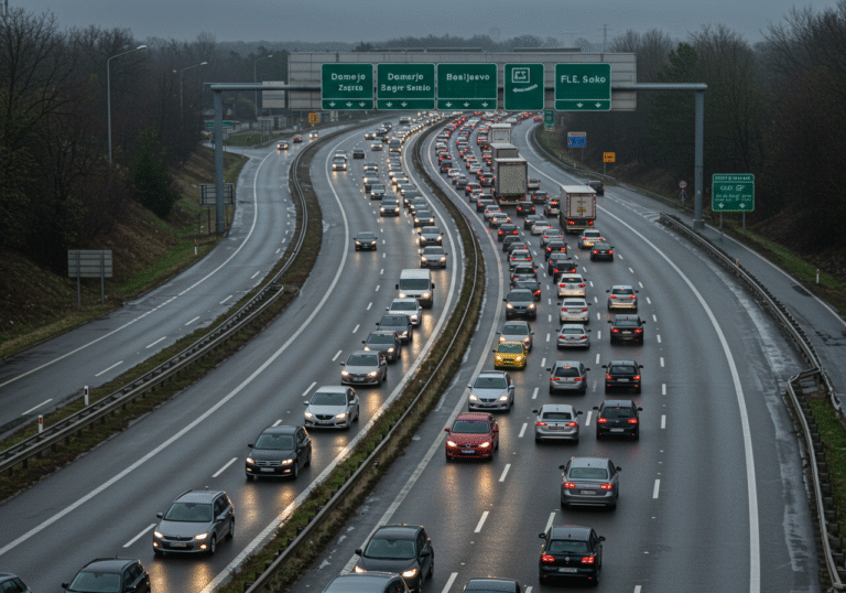 An elevated view captures the A1 motorway in Croatia during a wet, overcast mid-afternoon. A long, dense queue of vehicles, including cars and trucks, stretches into the distance, moving slowly towards Zagreb. The asphalt road is visibly wet and glistening from recent rain. Brake lights are frequently illuminated as the congested traffic navigates the highway, with a noticeable build-up of cars near the Demerje toll station and along the stretch between Bosiljevo 2 and Lučko.